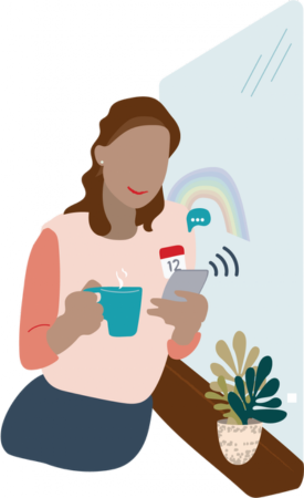 A person holding a hot drink and a phone